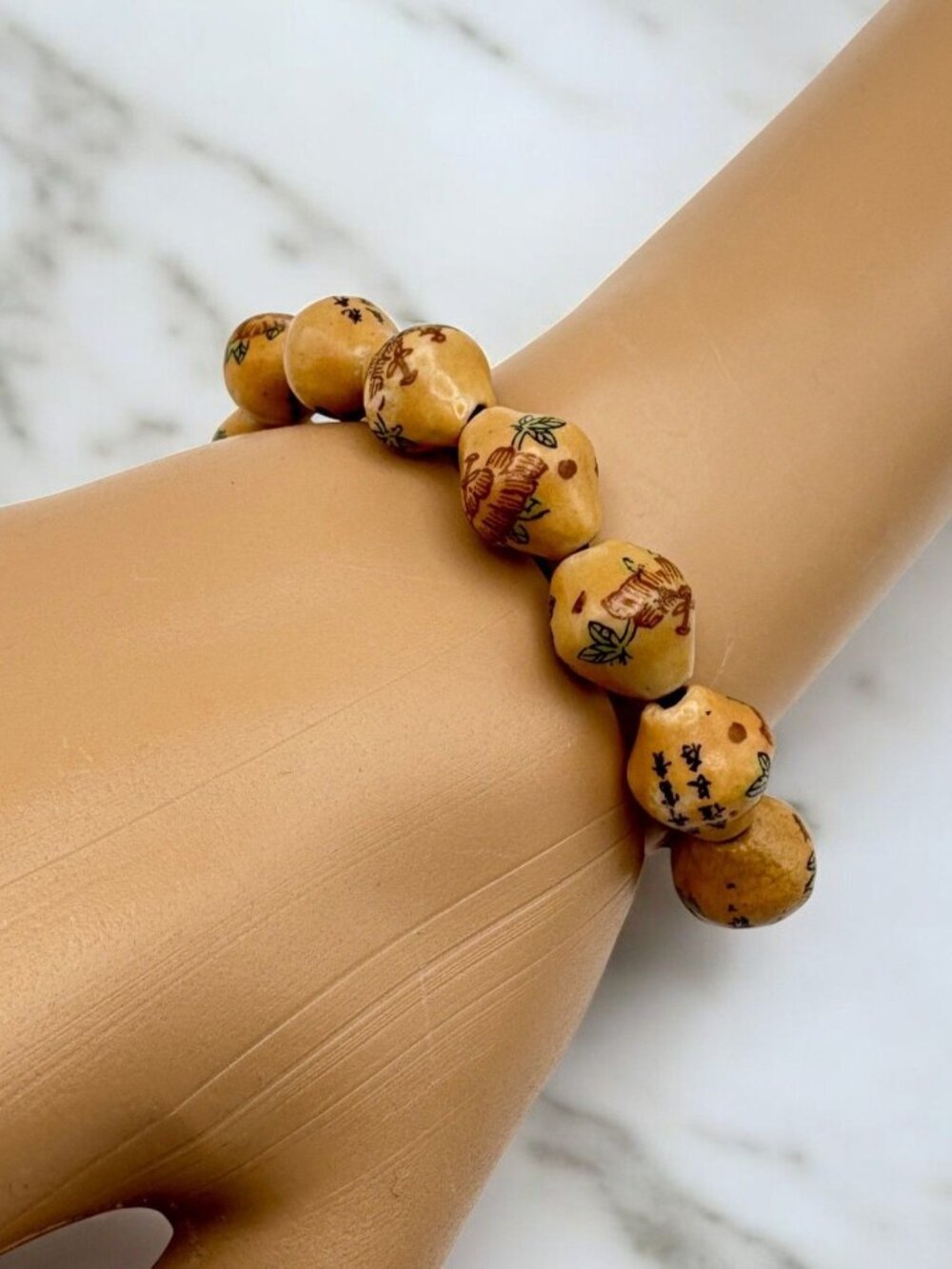 Chinese Ceramic Bead Bracelet Adjustable Cord & Intricate Motifs Hand Painted